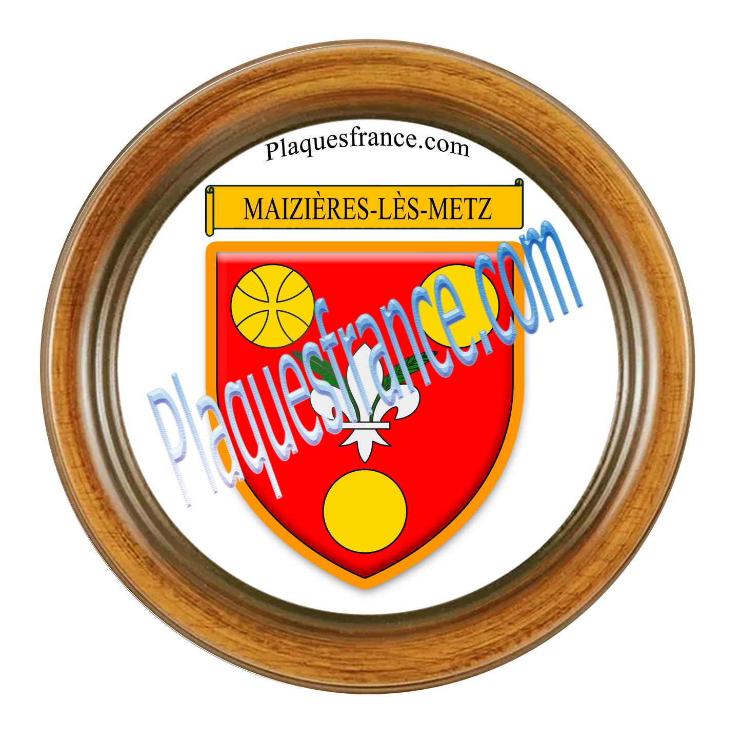 Plaque métal décorative cadre bois ronde Ø 30 cm blason Maizières-lès-Metz, canton Le Sillon Mosellan, Moselle 57