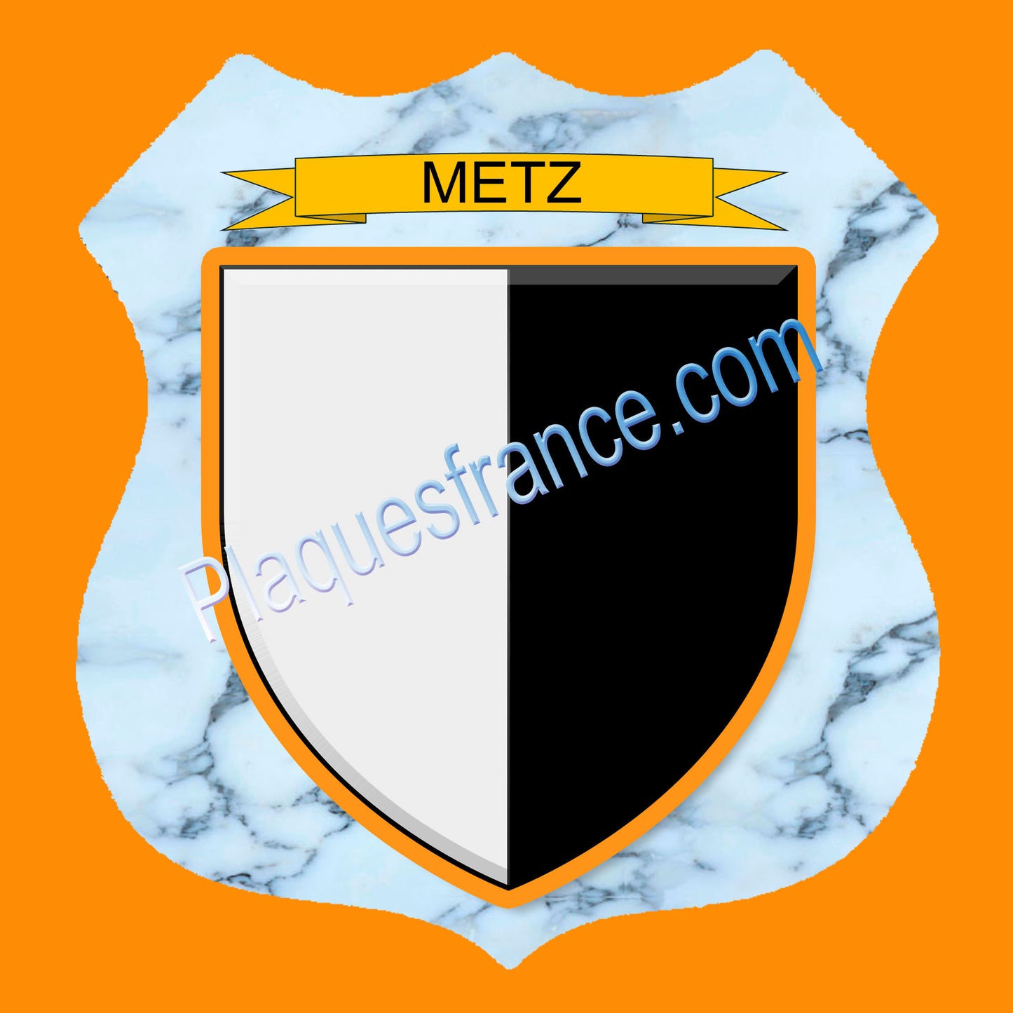 Plaque métal décorative format écusson Ø 30cm fond marbre Metz, Moselle 57