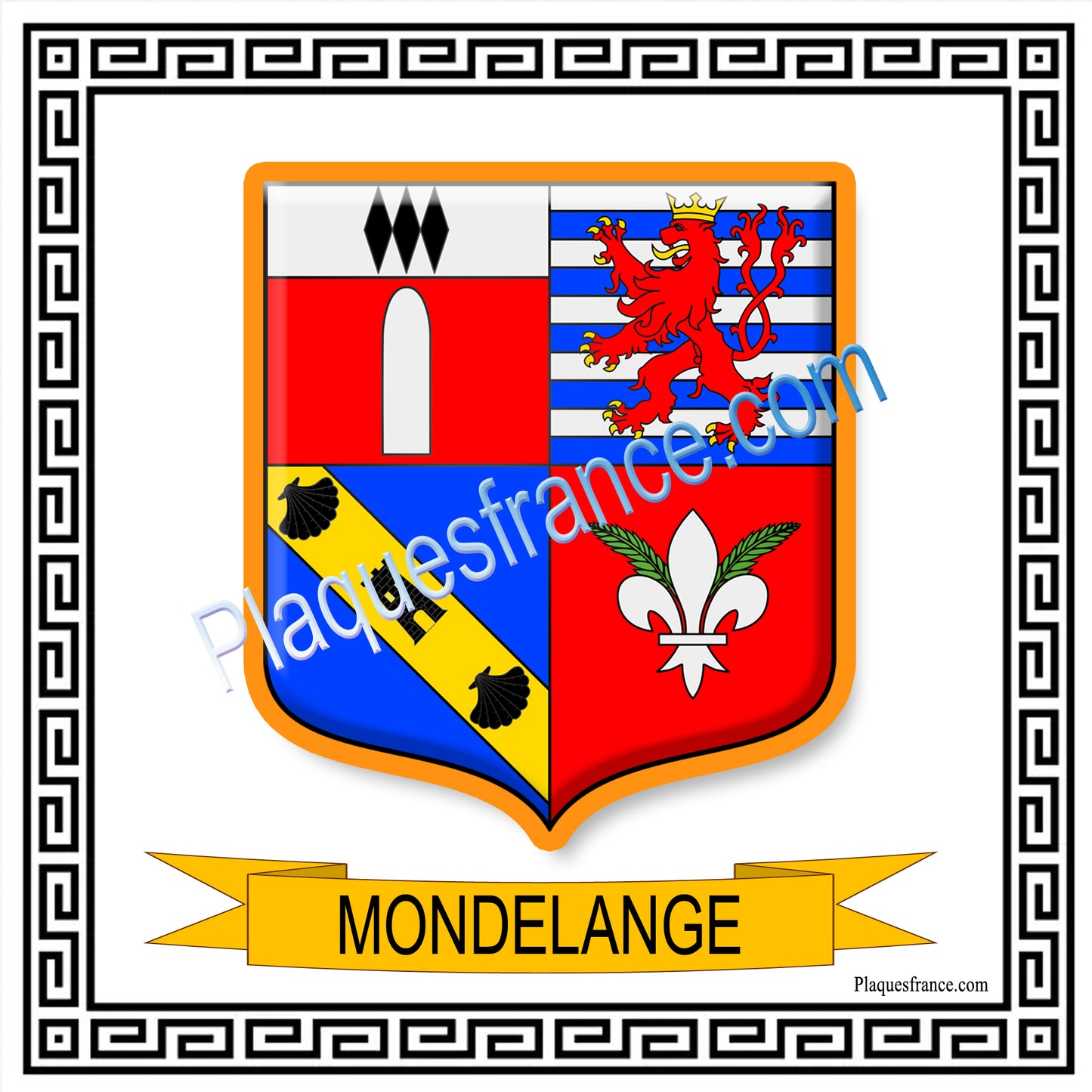 Plaque métal décorative fond blanc carrée30 x 30 cm blason Mondelange, canton de Fameck, Moselle 57