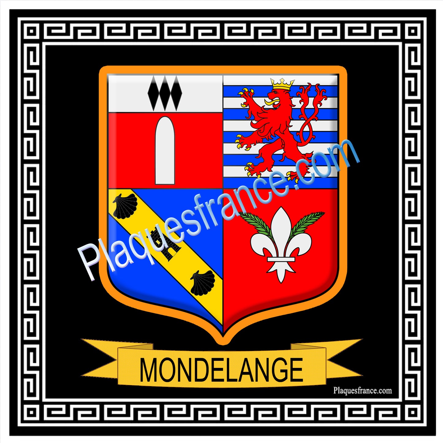 Plaque métal décorative fond noir carrée30 x 30 cm blason Mondelange, canton de Fameck, Moselle 57