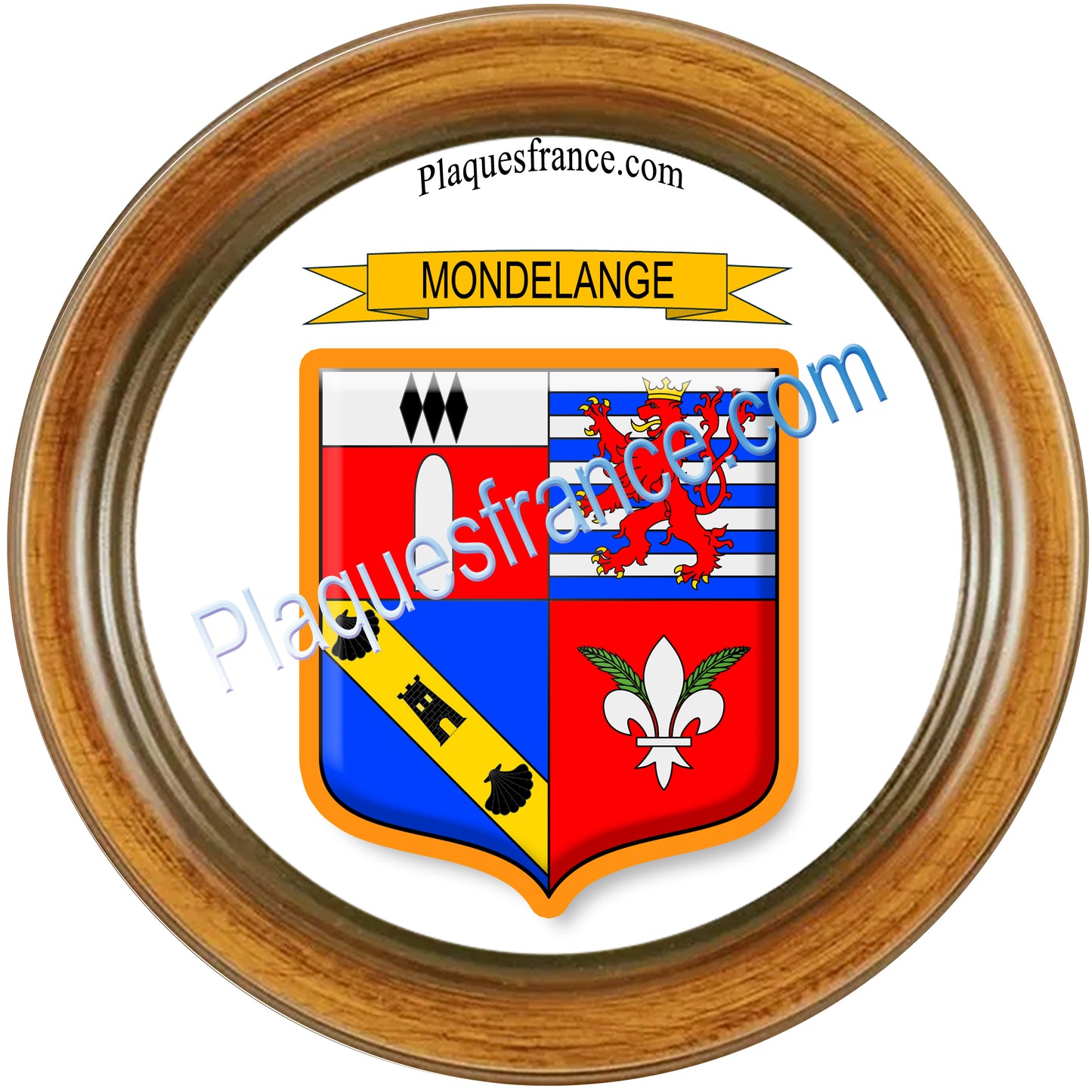 Plaque métal décorative cadre bois ronde Ø 30 cm blason Mondelange, canton de Fameck, Moselle 57