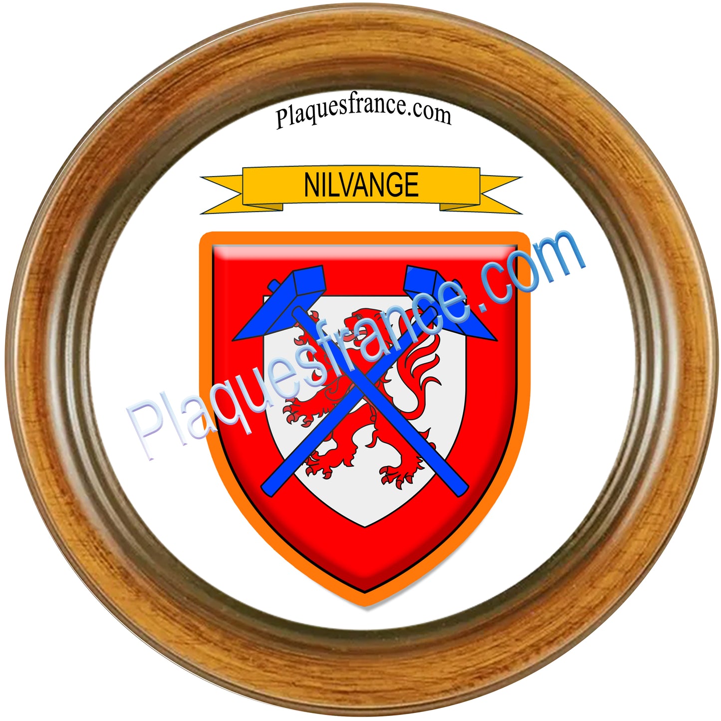 Plaque métal décorative cadre bois Ø 30 cm blason Nilvange, canton Nilvange 57