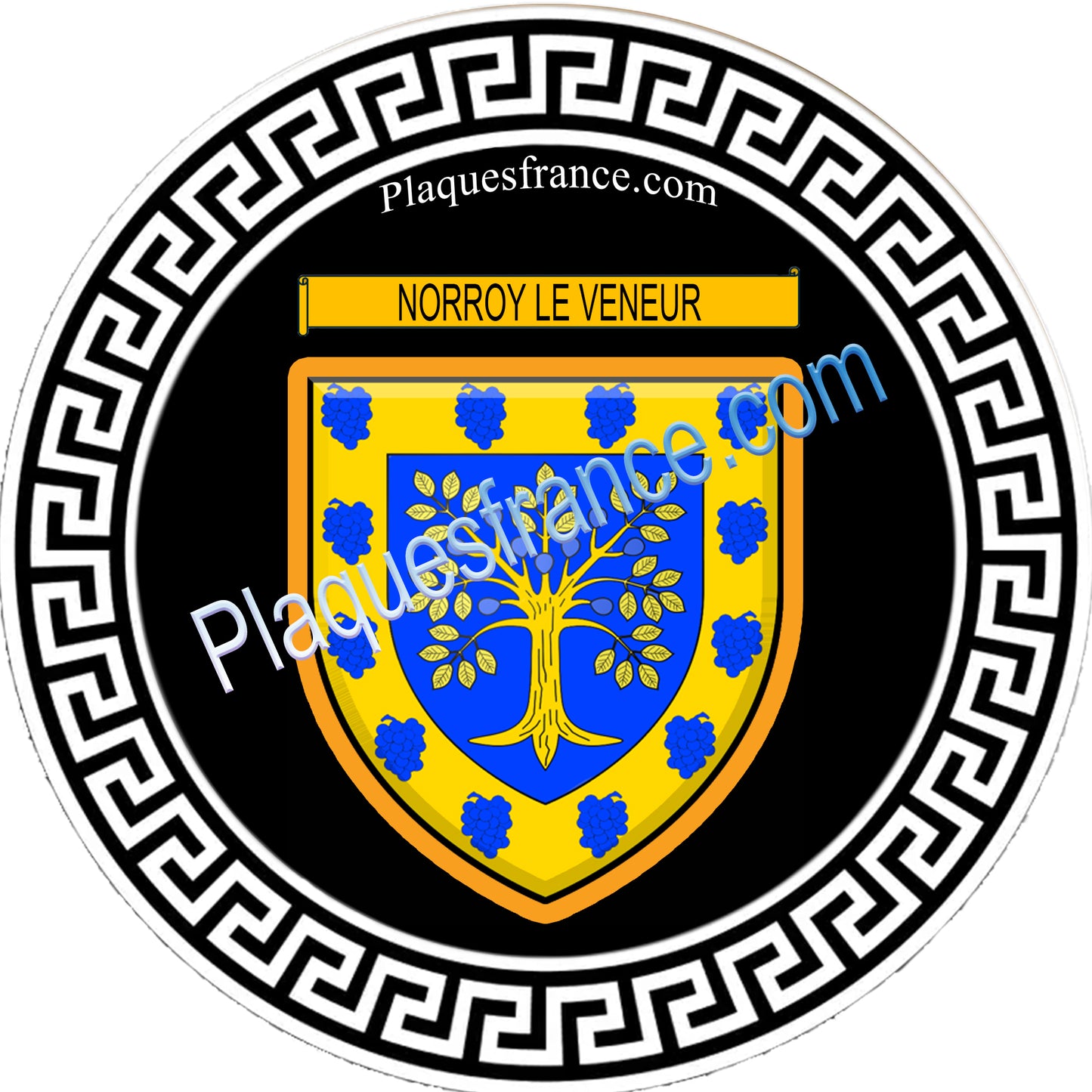 Plaque métal décorative fond noir ronde Ø 30cm blason Norroy le Veneur, canton Rombas 57