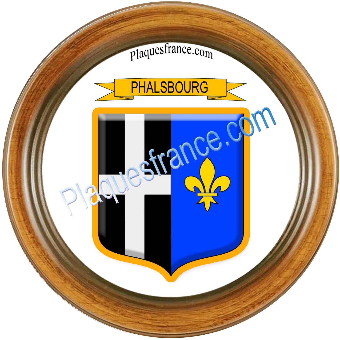 Plaque métal décorative cadre bois ronde Ø 30 cm blason Phalsbourg, canton Phalsbourg 57