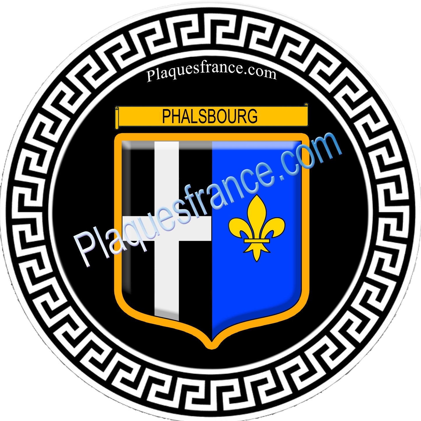 Plaque métal décorative fond noir ronde Ø 30 cm blason Phalsbourg, canton Phalsbourg 57