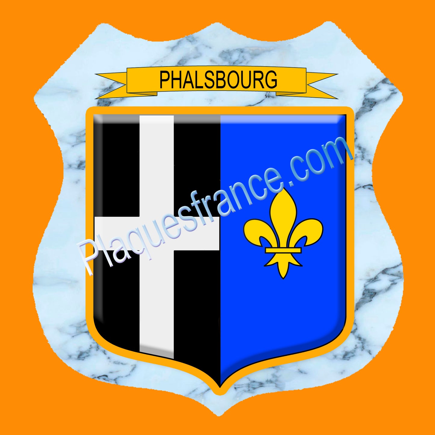 Plaque métal décorative écusson fond marbre Ø 30cm blason Phalsbourg, canton Phalsbourg 57