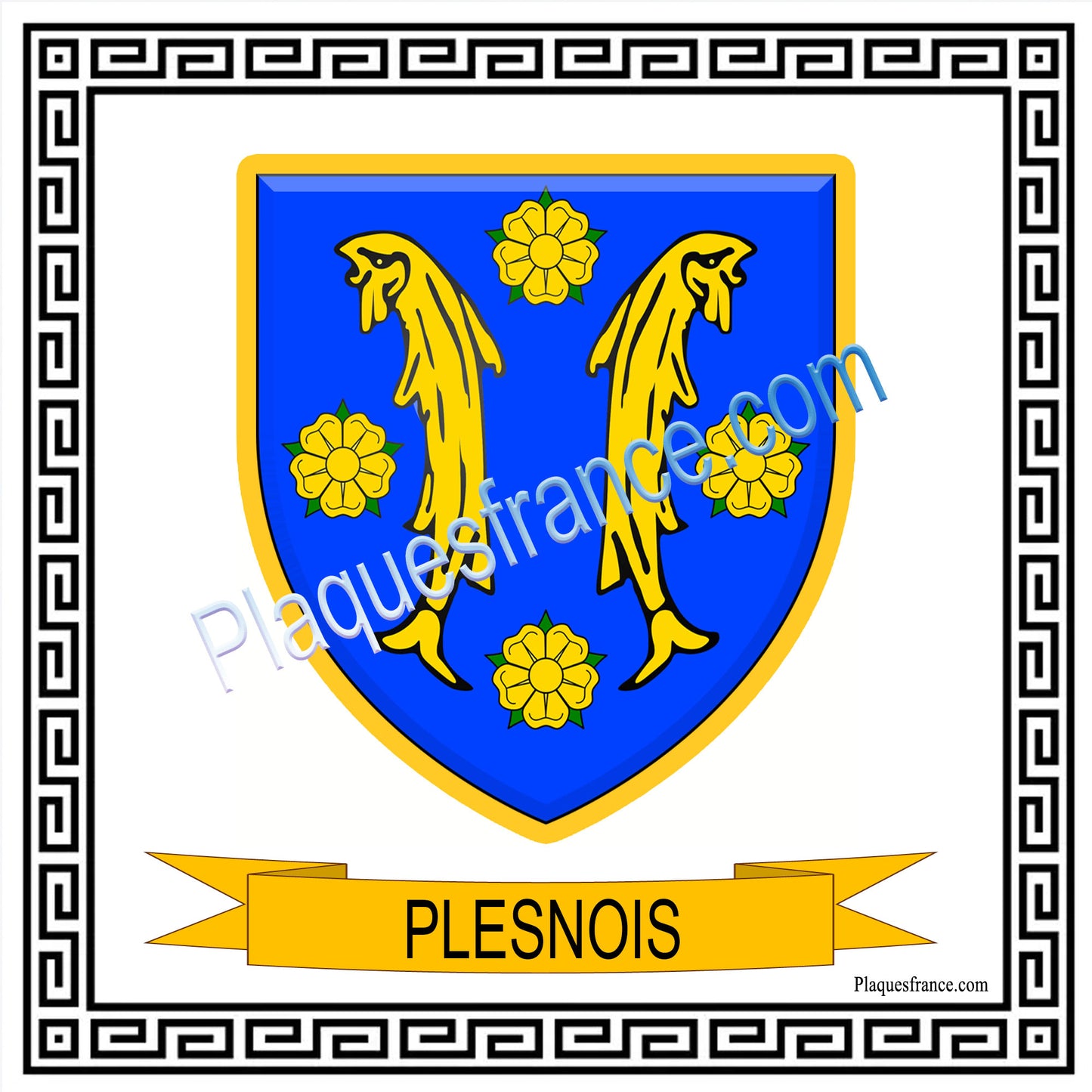 Plaque métal décorative fond blanc carré 30 x 30cm blason Plesnois, canton Les Coteaux de Moselle 57