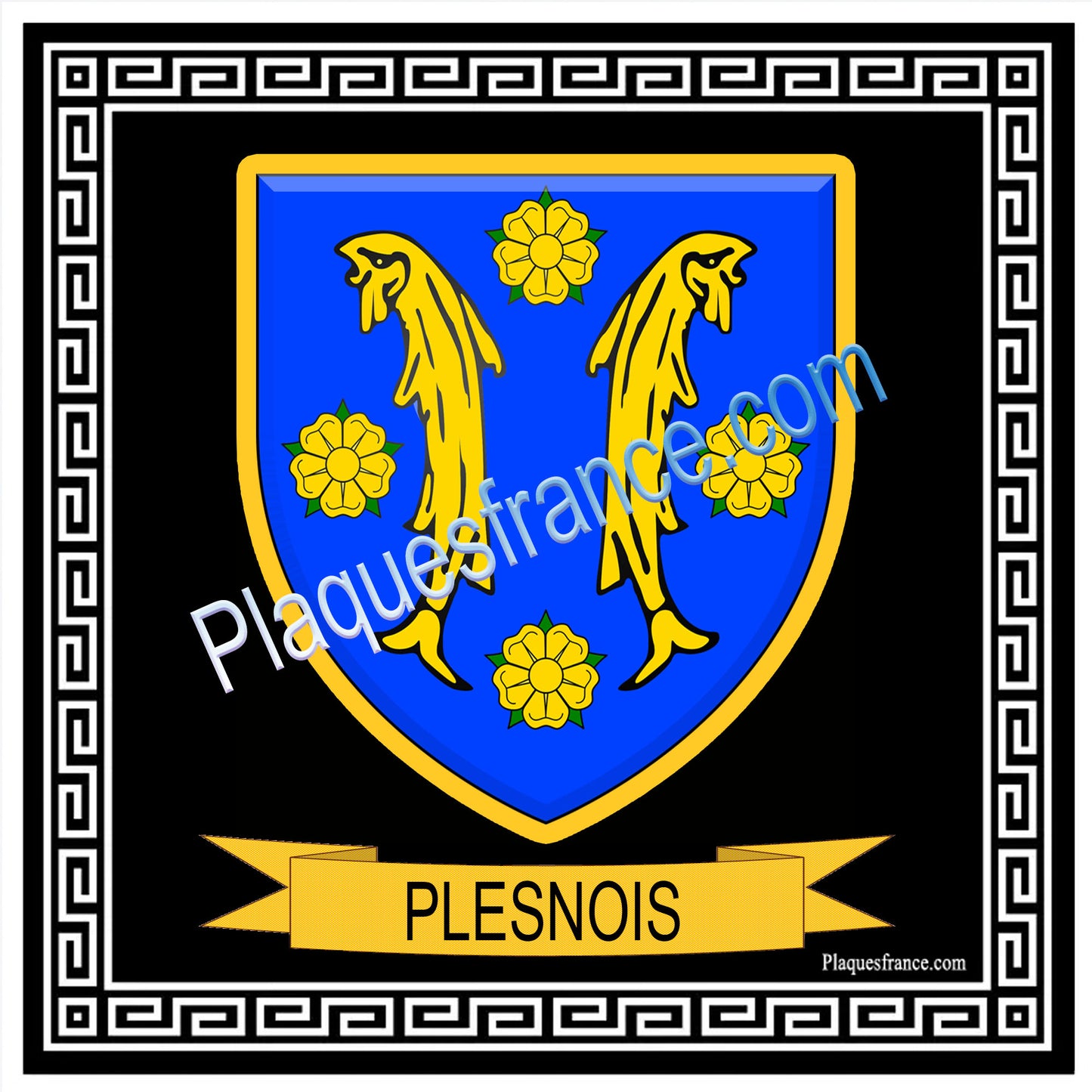 Plaque métal décorative fond noir carré 30 x 30cm blason Plesnois, canton Les Coteaux de Moselle 57