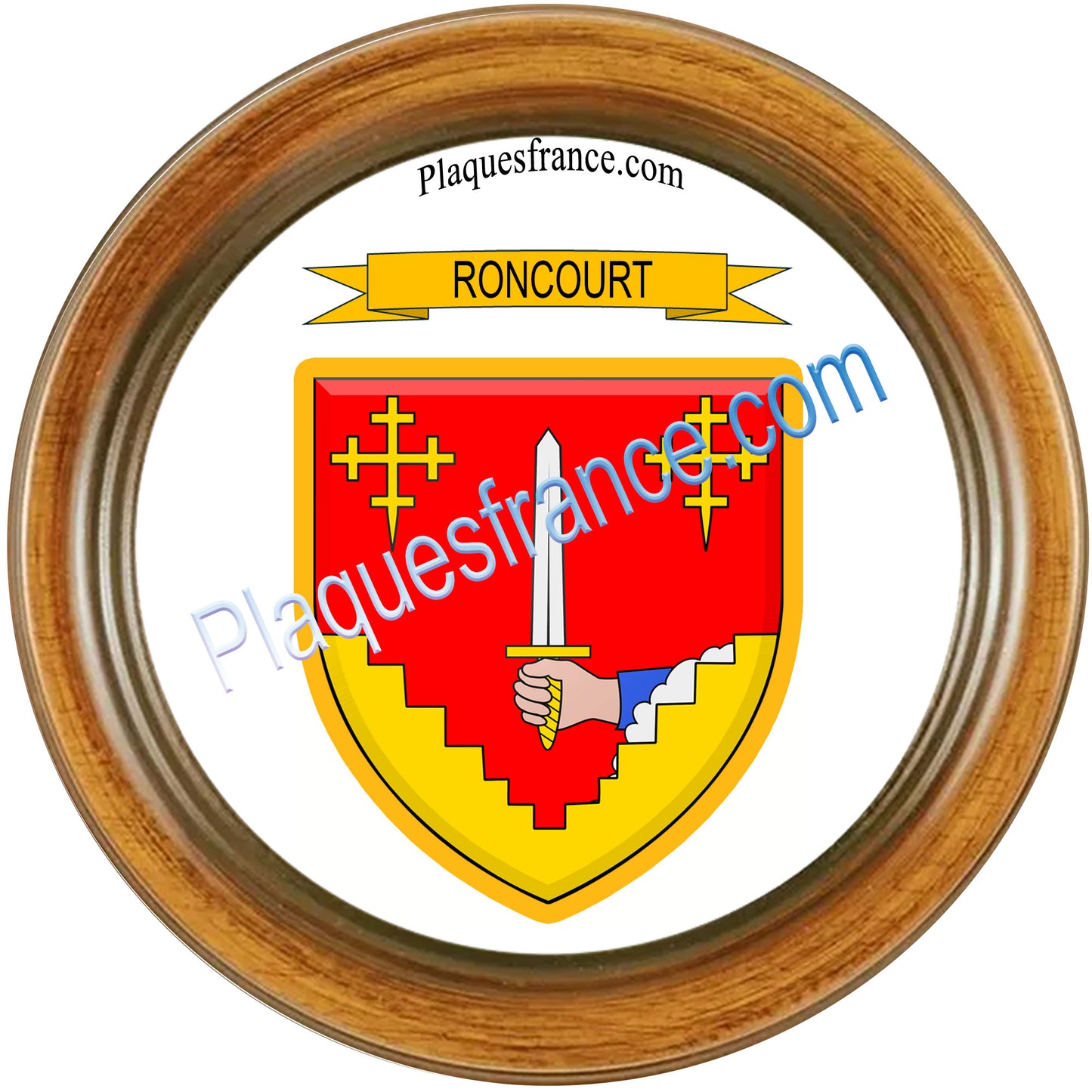 Plaque métal décorative cadre bois rond Ø 30cm blason Roncourt, Moselle 57