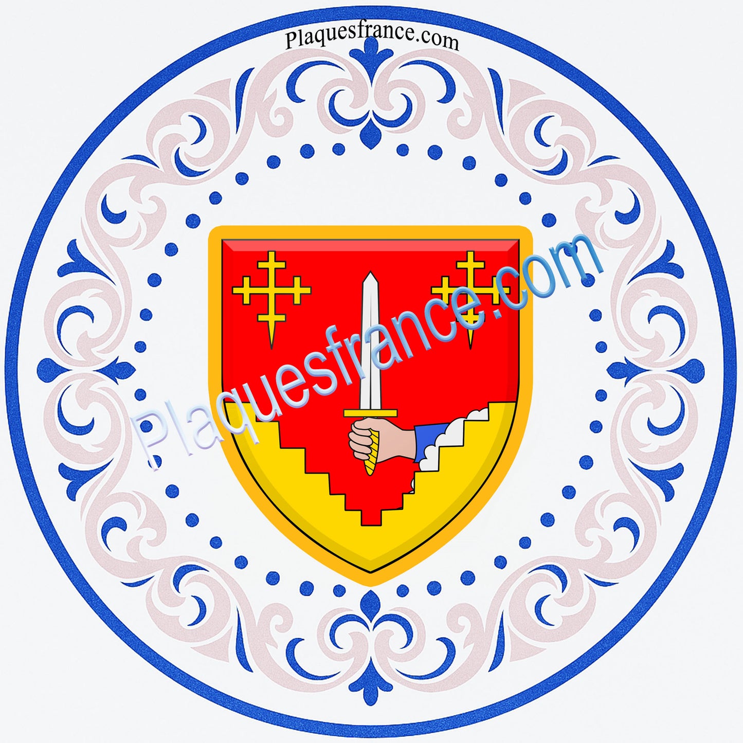 Plaque métal décorative façon assiette aile lys Ø 30cm blason Roncourt, Moselle 57
