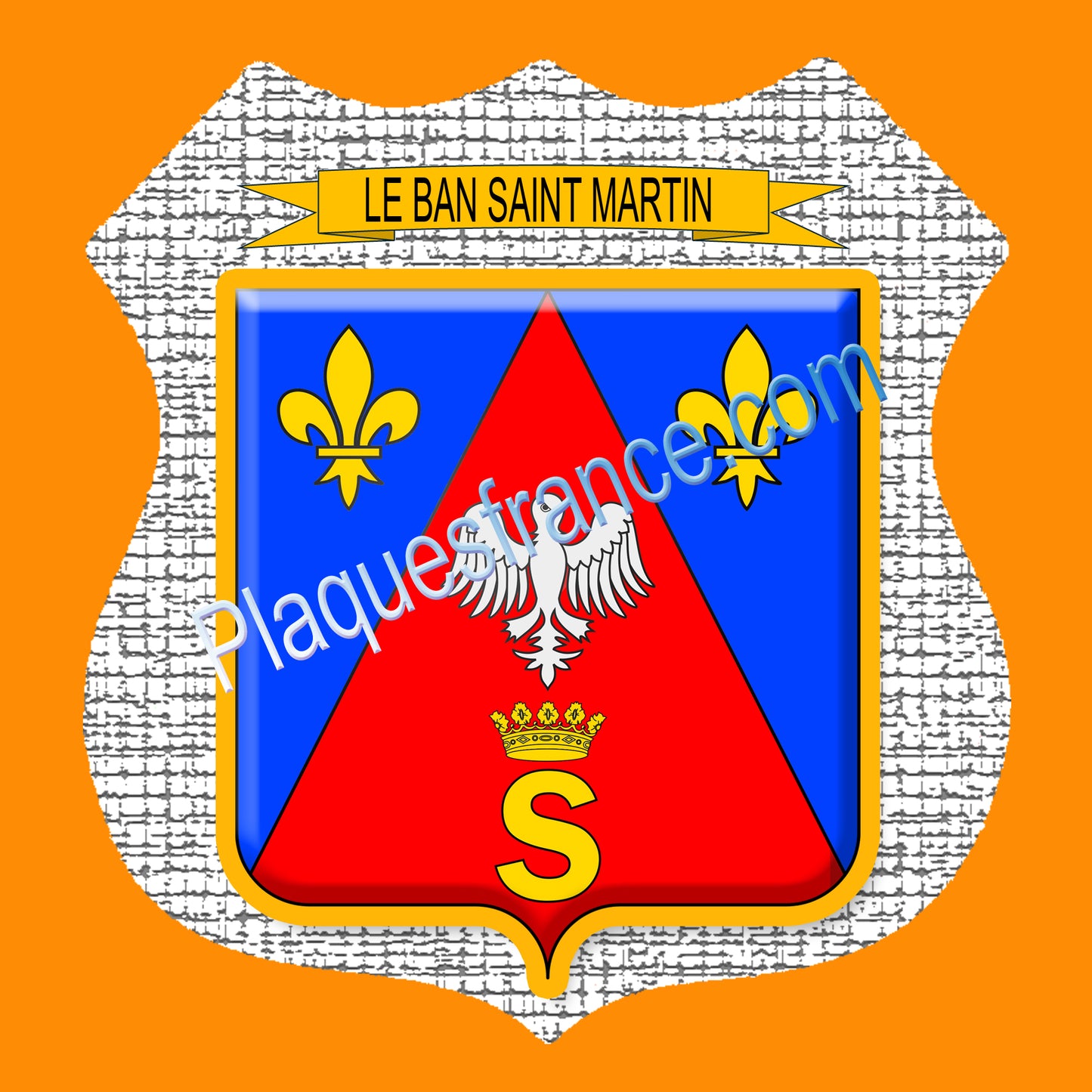 Plaque métal décorative format écusson Ø 30cm fond craquelures blason Le Ban Saint Martin 57