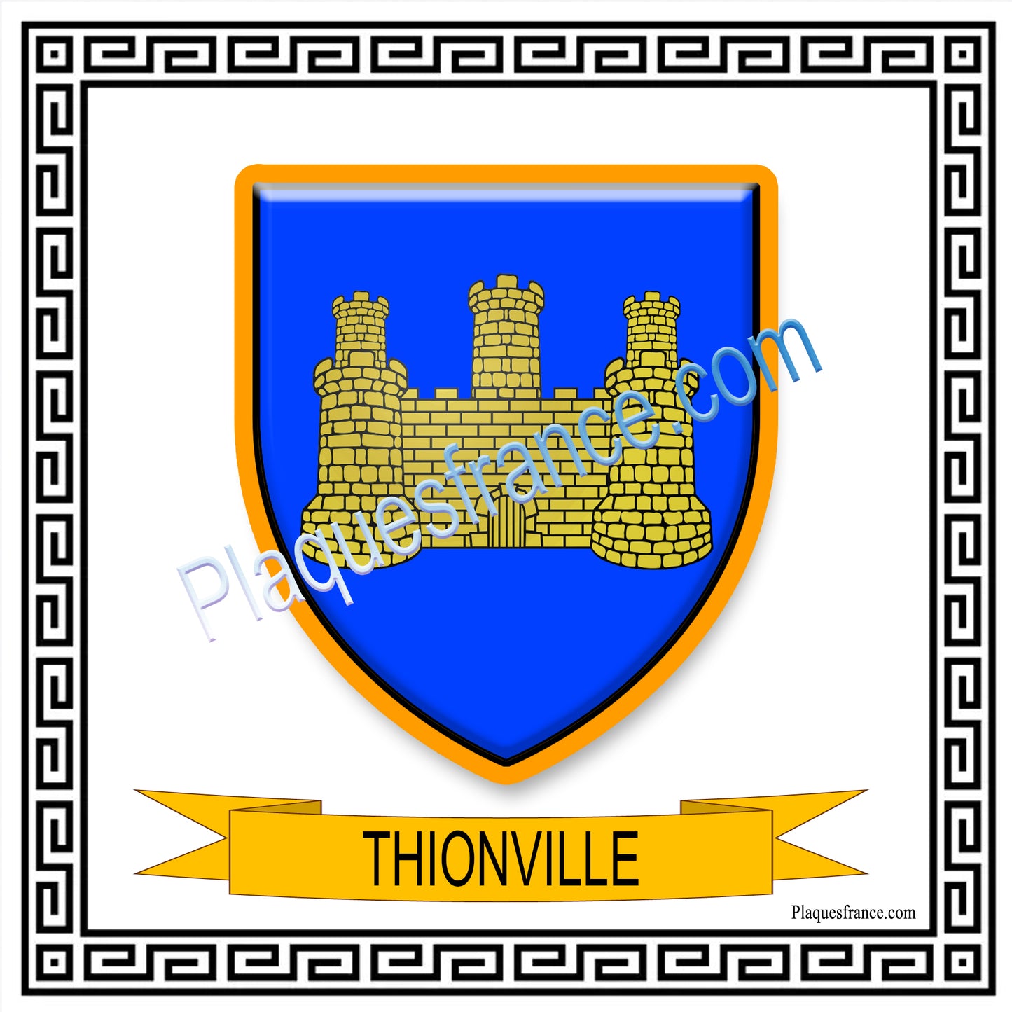 Plaque métal décorative fond blanc carré 30 x 30cm blason Thionville, Moselle 57