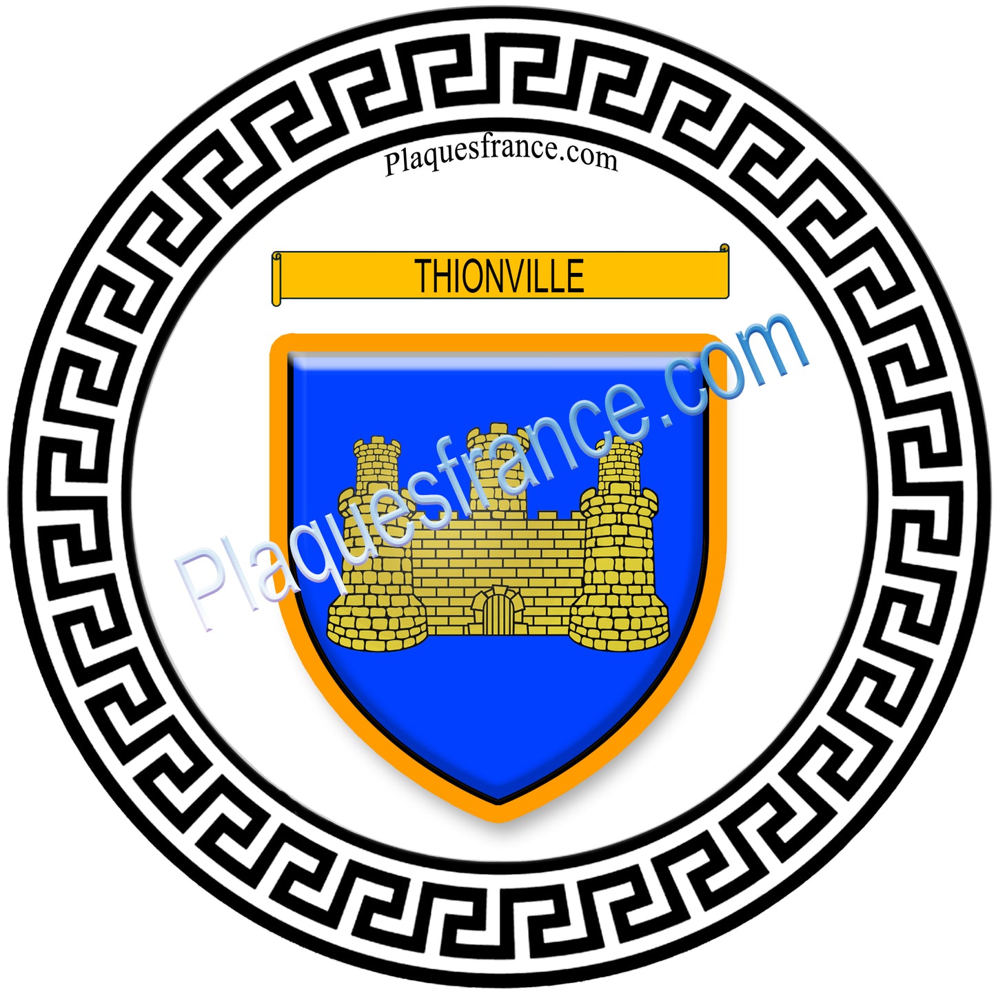 Plaque métal décorative fond blanc Ø 30cm blason Thionville, Moselle 57