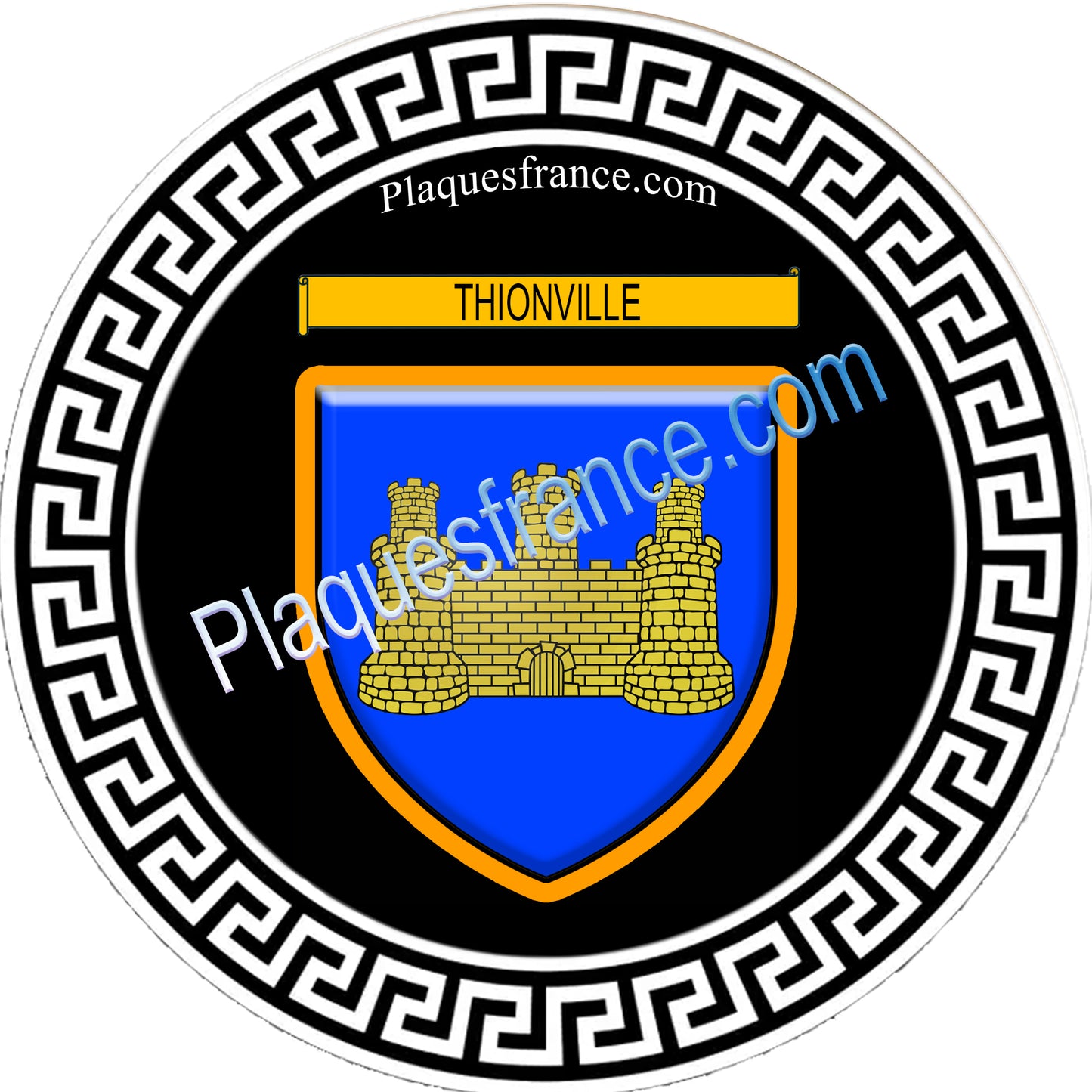 Plaque métal décorative fond noir Ø 30cm blason Thionville, Moselle 57
