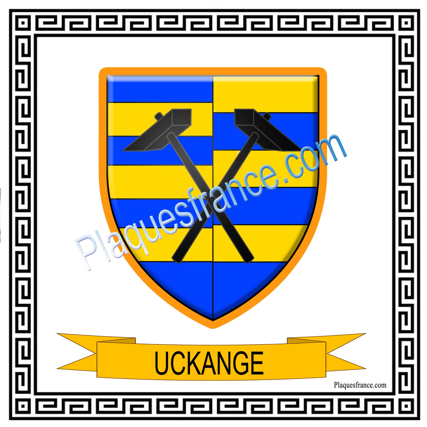Plaque métal décorative fond blanc carrée 30 x 30 cm blason Uckange, canton de Fameck, Moselle 57