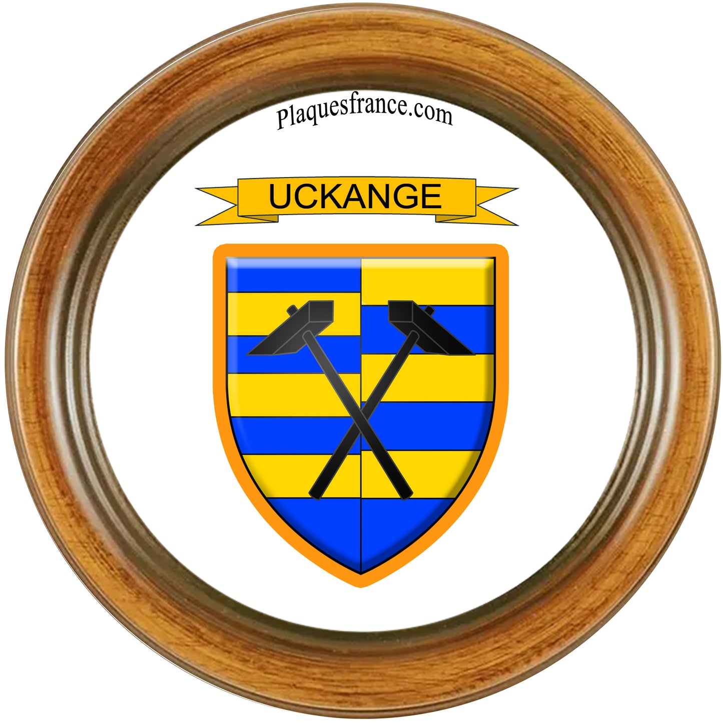 Plaque métal décorative cadre bois ronde Ø 30 cm blason Uckange, canton de Fameck, Moselle 57