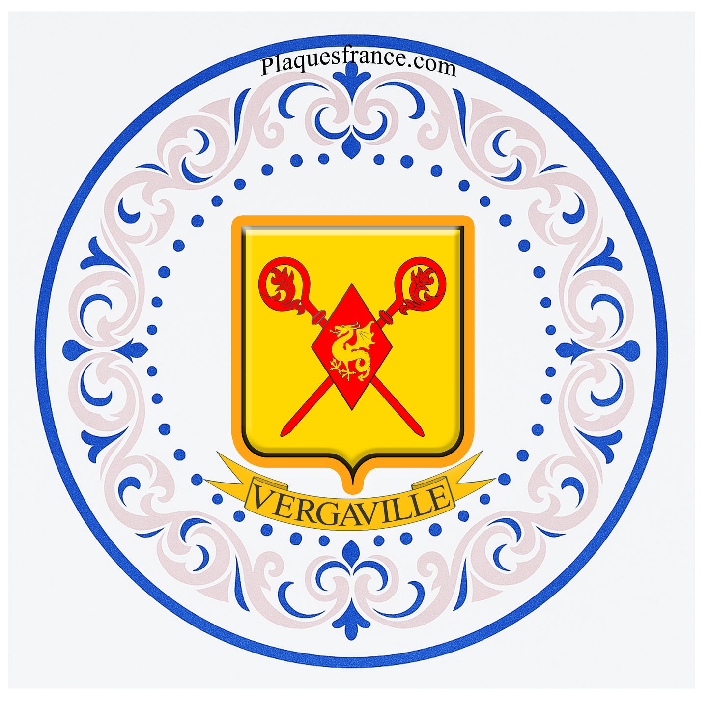 Plaque métal décorative aile lys ronde Ø 30 cm blason Vergaville, canton du Saulnois Moselle 57