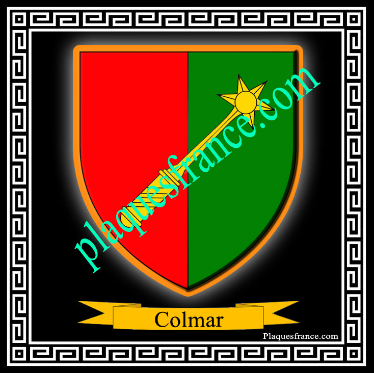 Plaque métal décorative fond noir carrée 30x30 cm blason de Colmar, Haut-Rhin 67