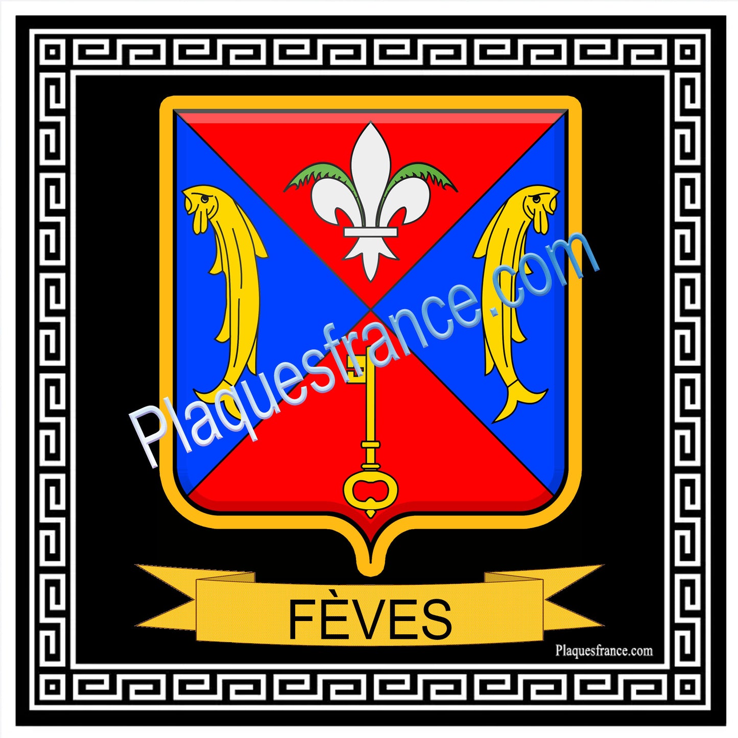 Plaque métal décorative fond noir carré 30 x 30cm blason Fèves, canton Rombas 57