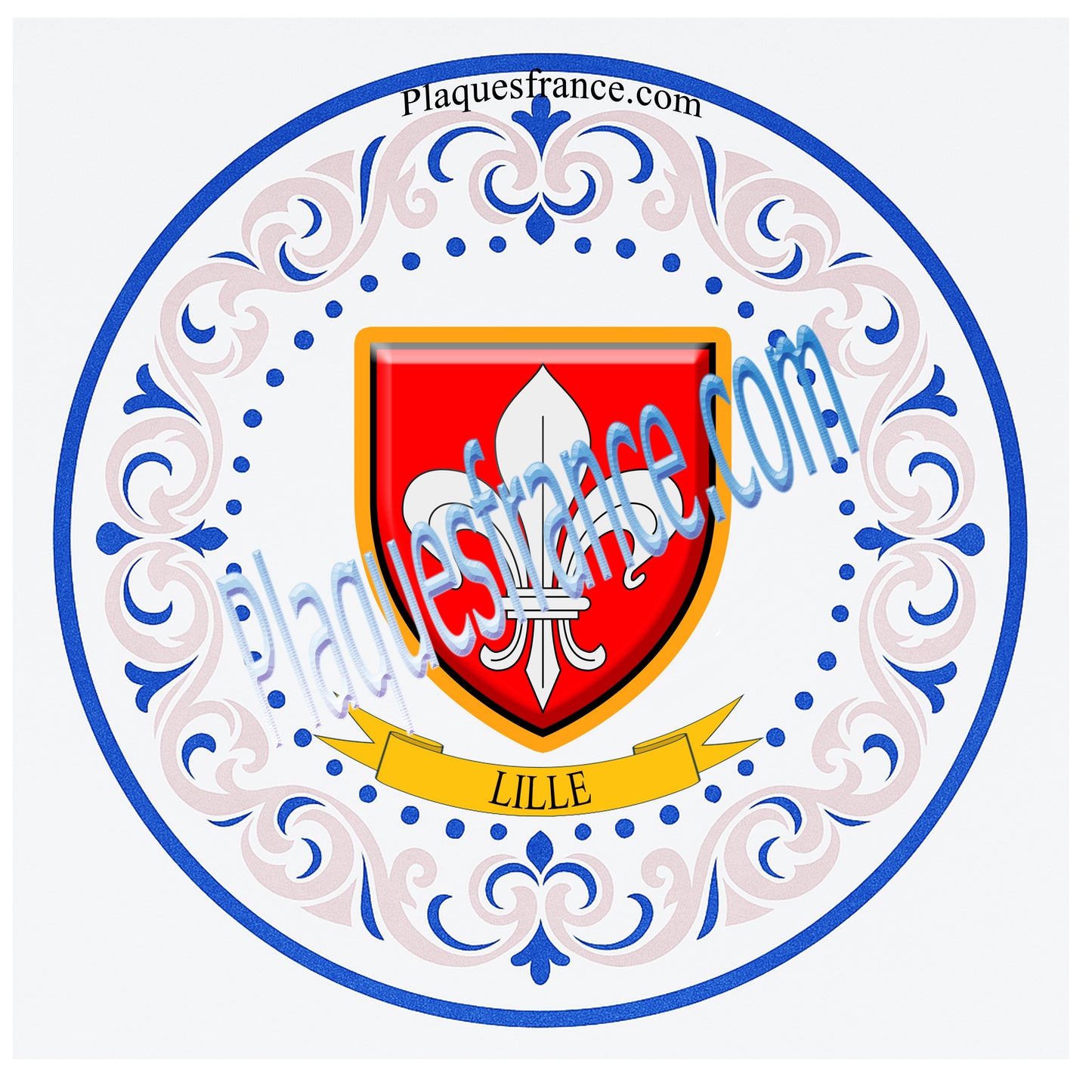 Plaque métal décorative frise lys ronde Ø 30 cm blason Lille, canton de Lille Nord 59