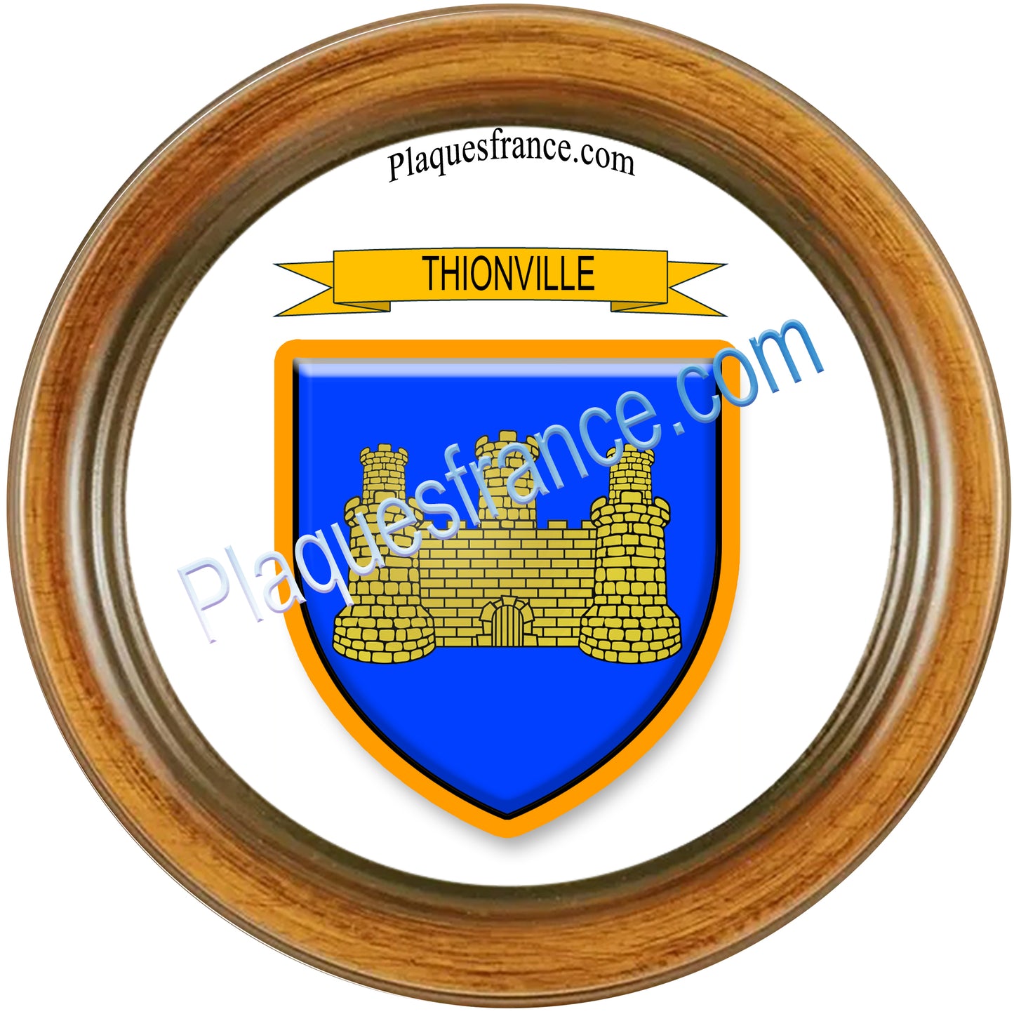 Plaque métal décorative cadre bois rond Ø 30cm blason Thionville, Moselle 57