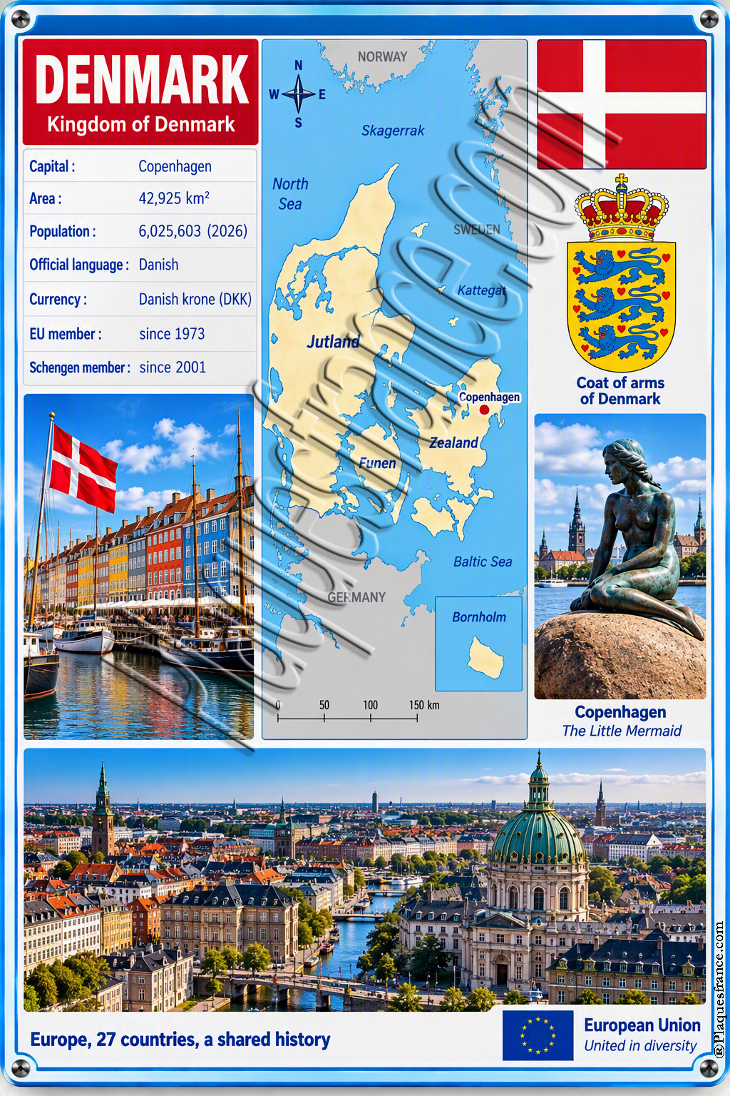 Decorative Metal Sign 20 × 30 cm, Denmark, European Union