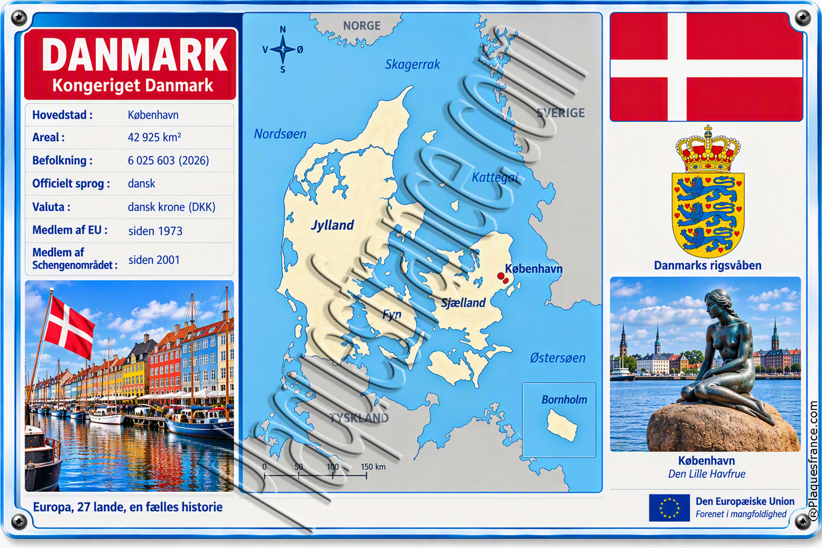 Dekorativ metalskilt 20 x 30 cm, Danmark, Den Europæiske Union (DK)