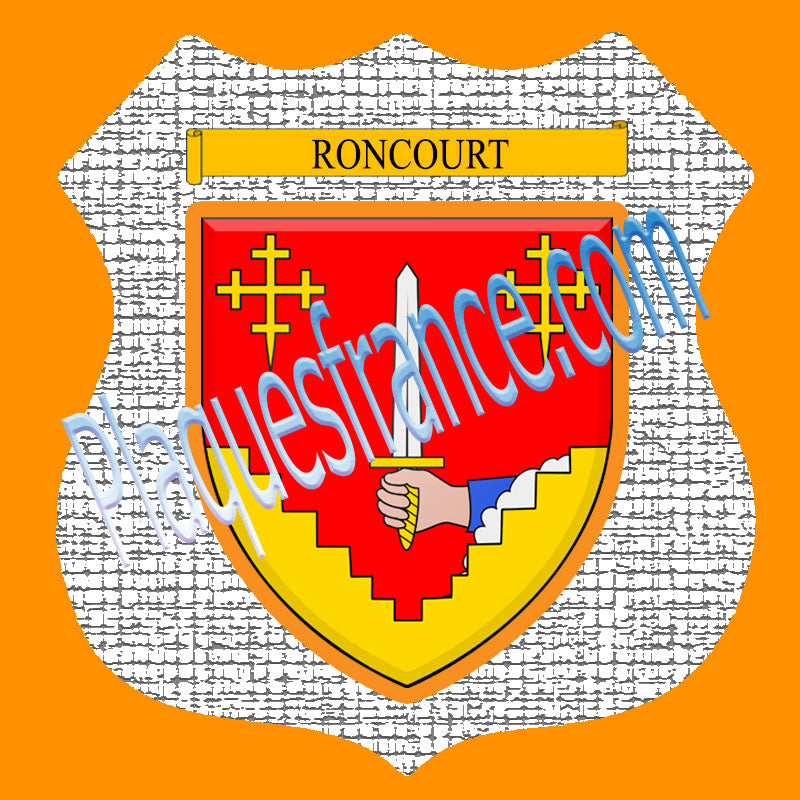 Plaque métal décorative format écusson Ø 30cm fond craquelures Roncourt, Moselle 57