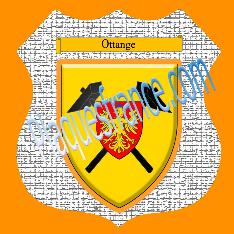 Plaque métal décorative format écusson Ø 30cm fond craquelures blason Ottange, Moselle 57