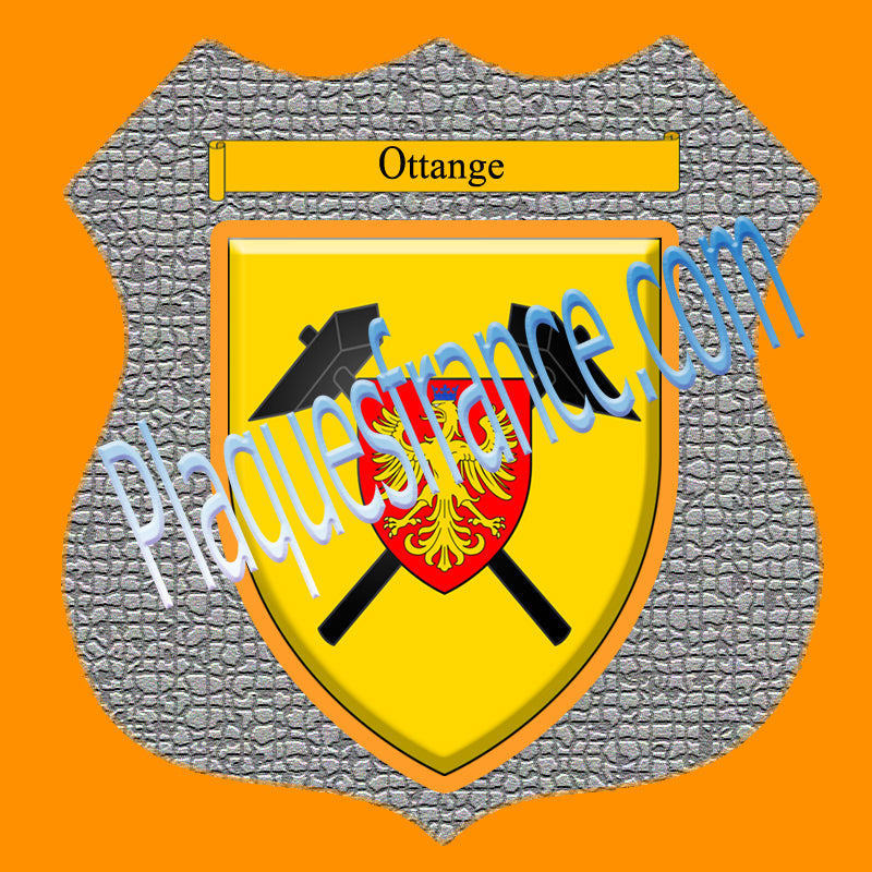 Plaque métal décorative format écusson Ø 30cm fond mozaique blason Ottange, Moselle 57