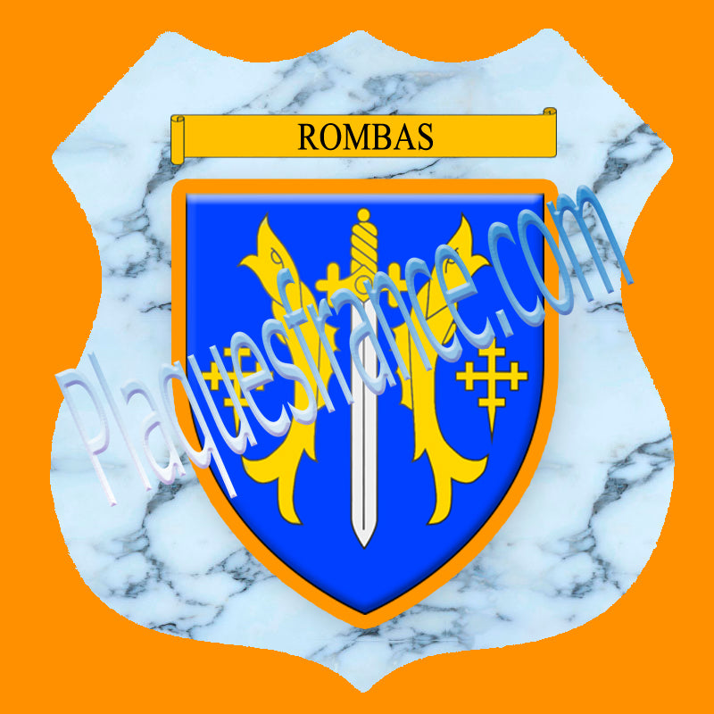 Plaque métal décorative format écusson Ø 30cm fond marbre blason Rombas, Moselle 57