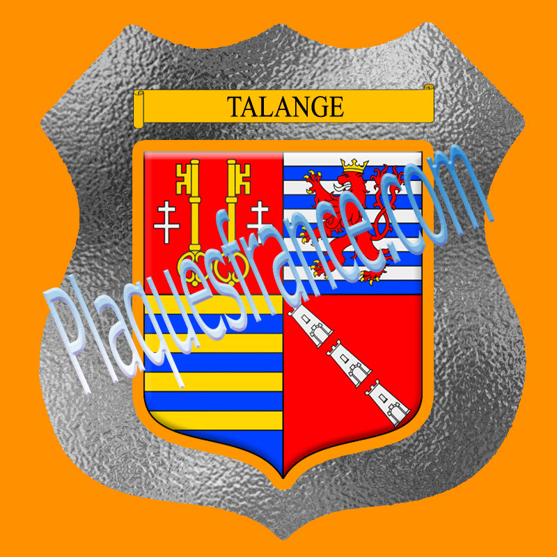 Plaque métal décorative format écusson Ø 30cm fond verre dépoli blason Talange, Moselle 57