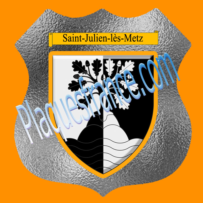 Plaque métal décorative format écusson Ø 30cm fond verre dépoli blason Saint-Julien-lès-Metz, Moselle 57