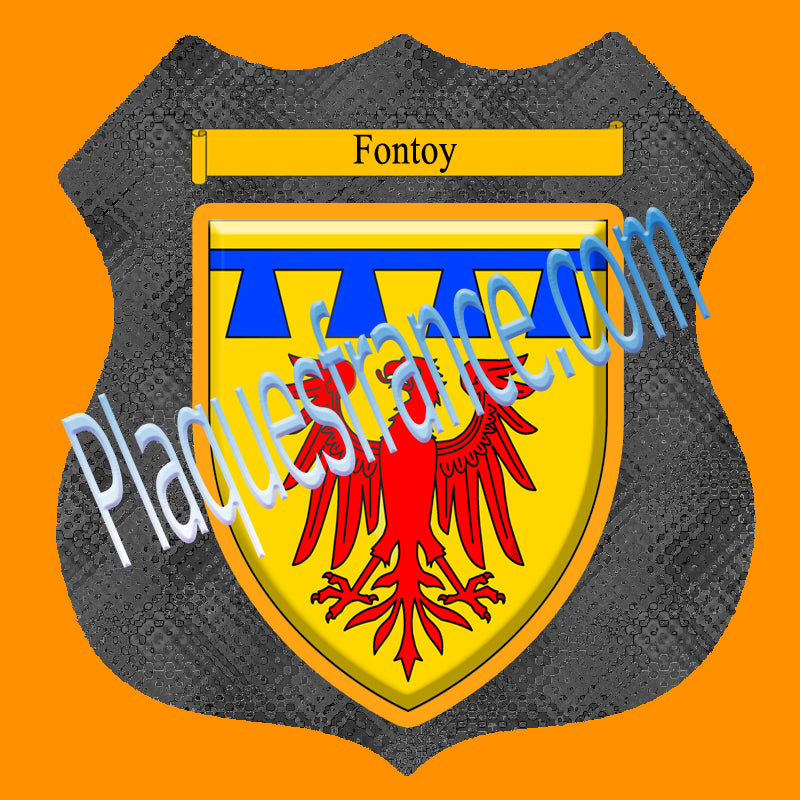 Plaque métal décorative format écusson Ø 30cm fond verre+métal blason Fontoy, Moselle 57