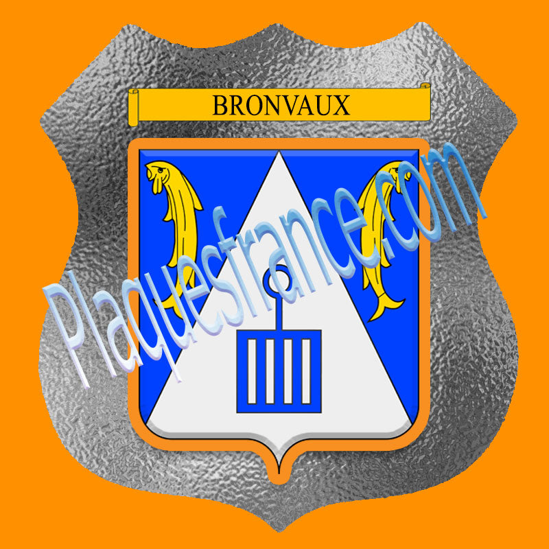 Plaque métal décorative format écusson Ø 30cm fond verre dépoli Bronvaux, Moselle 57