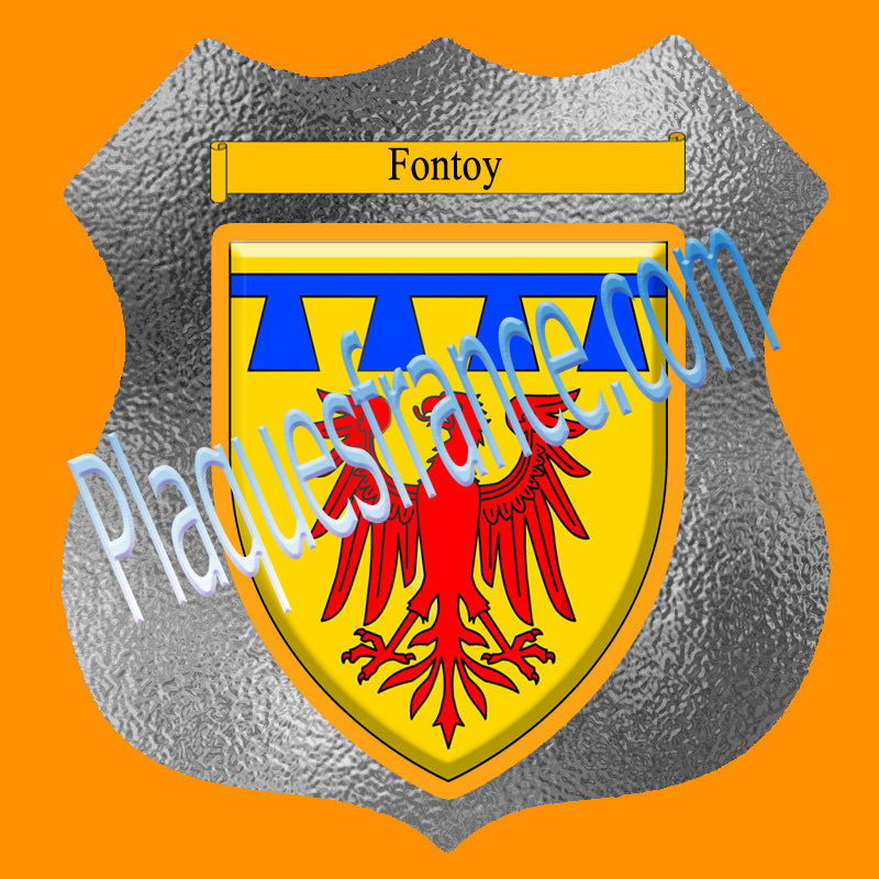 Plaque métal décorative format écusson Ø 30cm fond verre dépoli blason Fontoy, Moselle 57