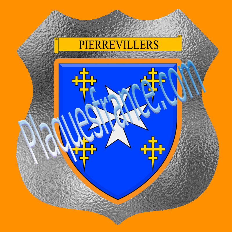 Plaque métal décorative format écusson Ø 30cm fond verre dépoli Pierrevillers, Moselle 57