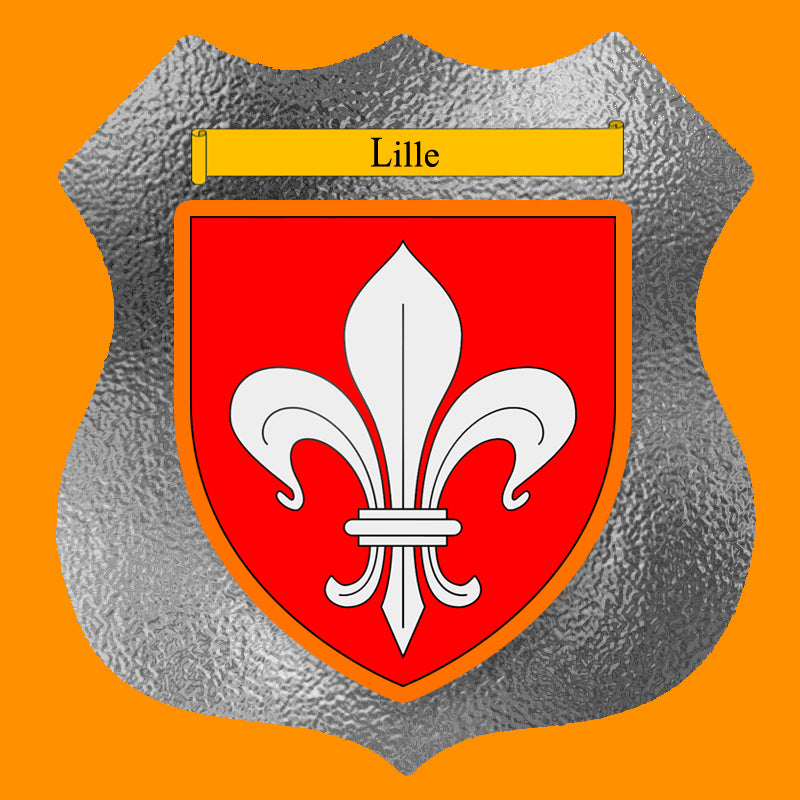 Plaque métal décorative format écusson Ø 30cm fond verre dépoli blason Lille, Nord 59