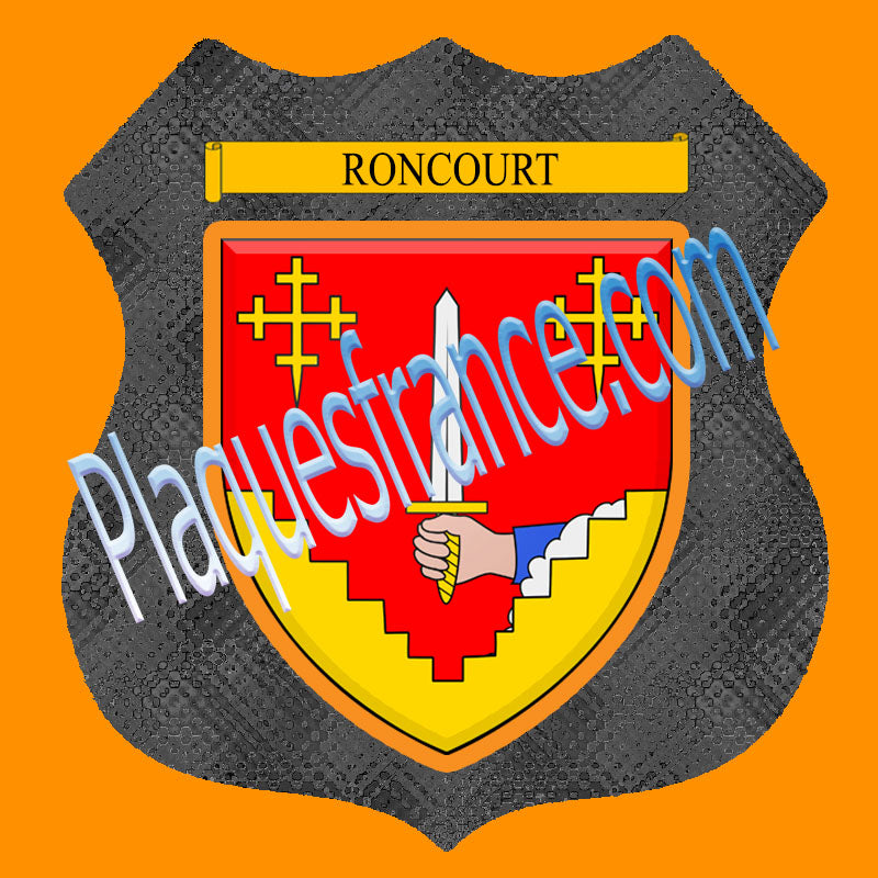 Plaque métal décorative format écusson Ø 30cm fond verre+métal Roncourt, Moselle 57