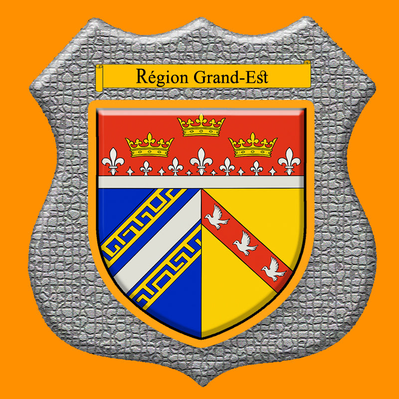 Plaque métal décorative format écusson Ø 30cm fond mozaique, blason Grand-Est