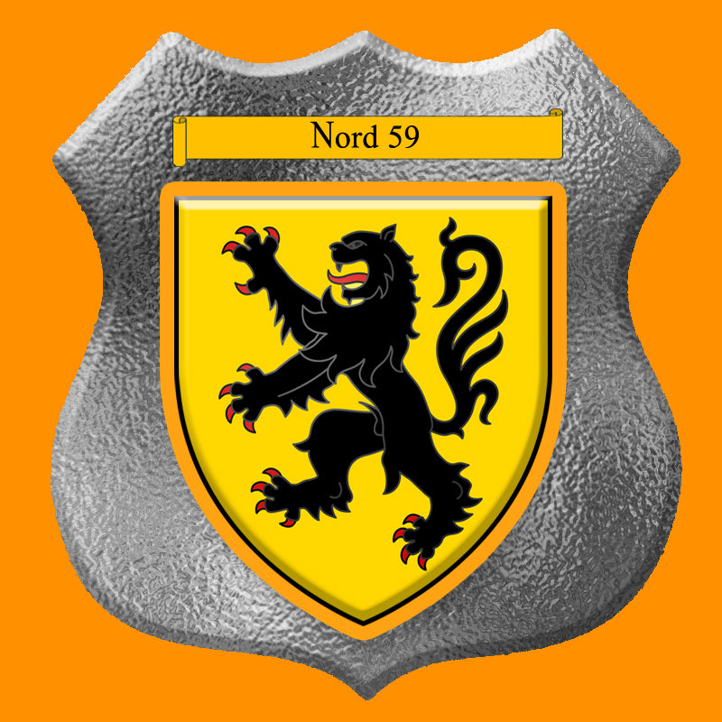 Plaque métal décorative format écusson Ø 30cm fond verre dépoli, blason Nord 59