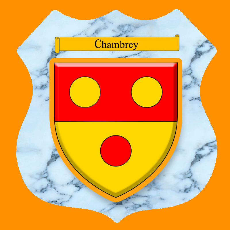 Plaque métal décorative format écusson Ø 30cm fond marbre blason Chambrey, Moselle 57