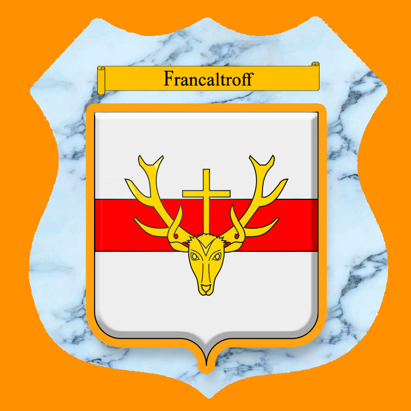 Plaque métal décorative format écusson Ø 30cm fond marbre blason Francaltroff, Moselle 57