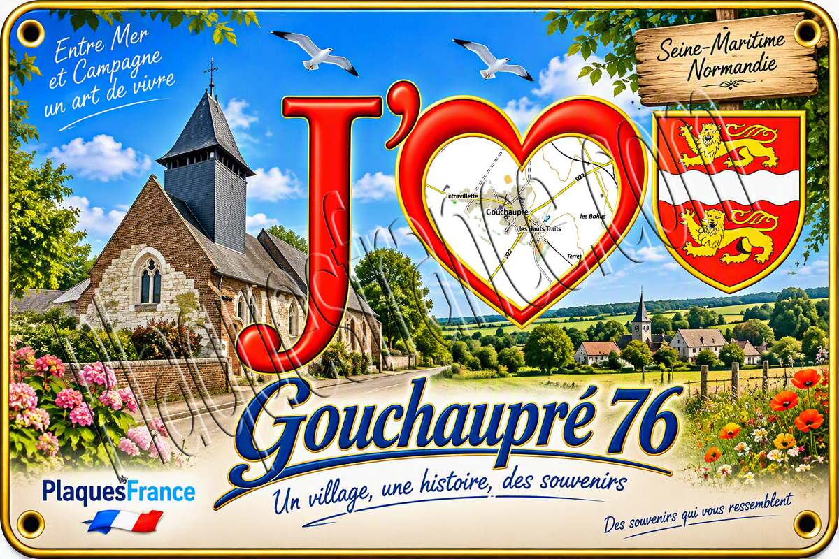 Plaque métal décorative 20 cm x 30 cm J' ❤️ Gouchaupre, Seine Maritime (76)