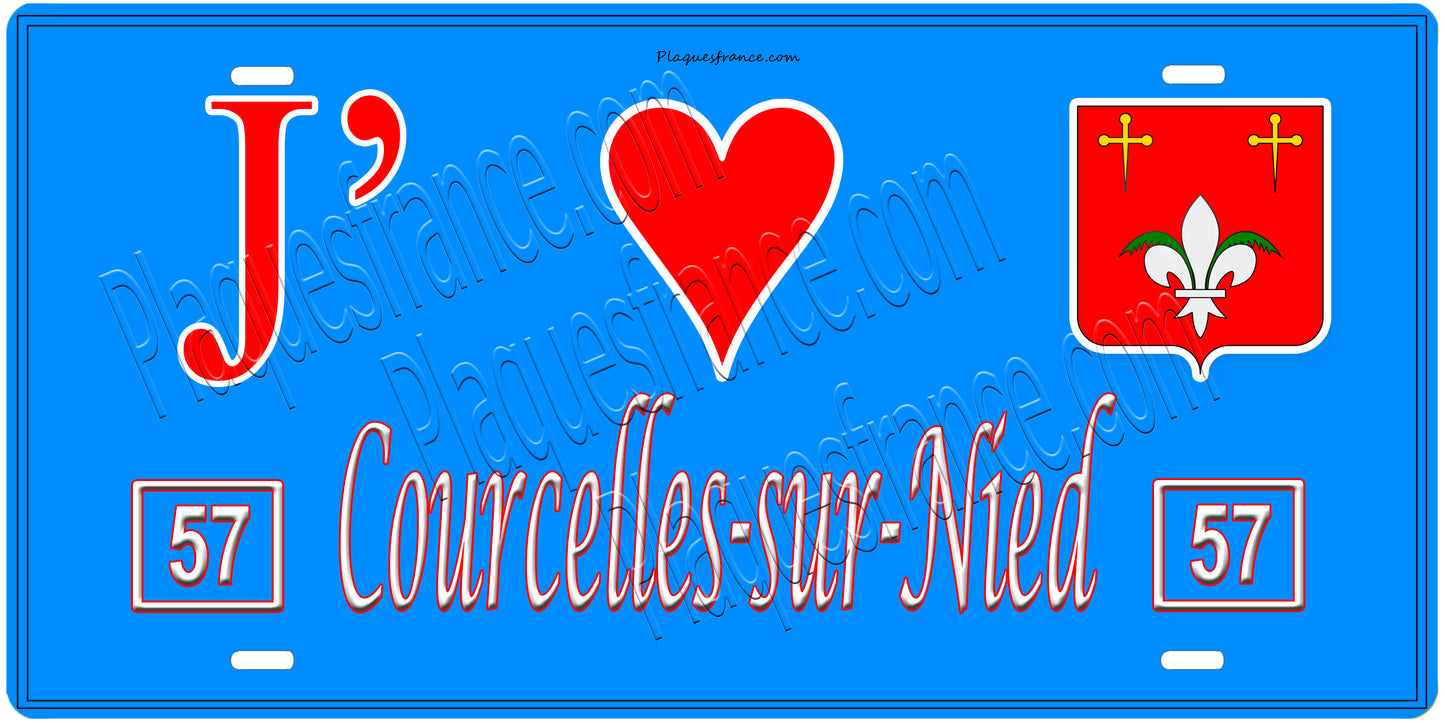 Plaque métal décorative, J'❤️Courcelles-sur-Nied, Moselle, fond mur bleu 57