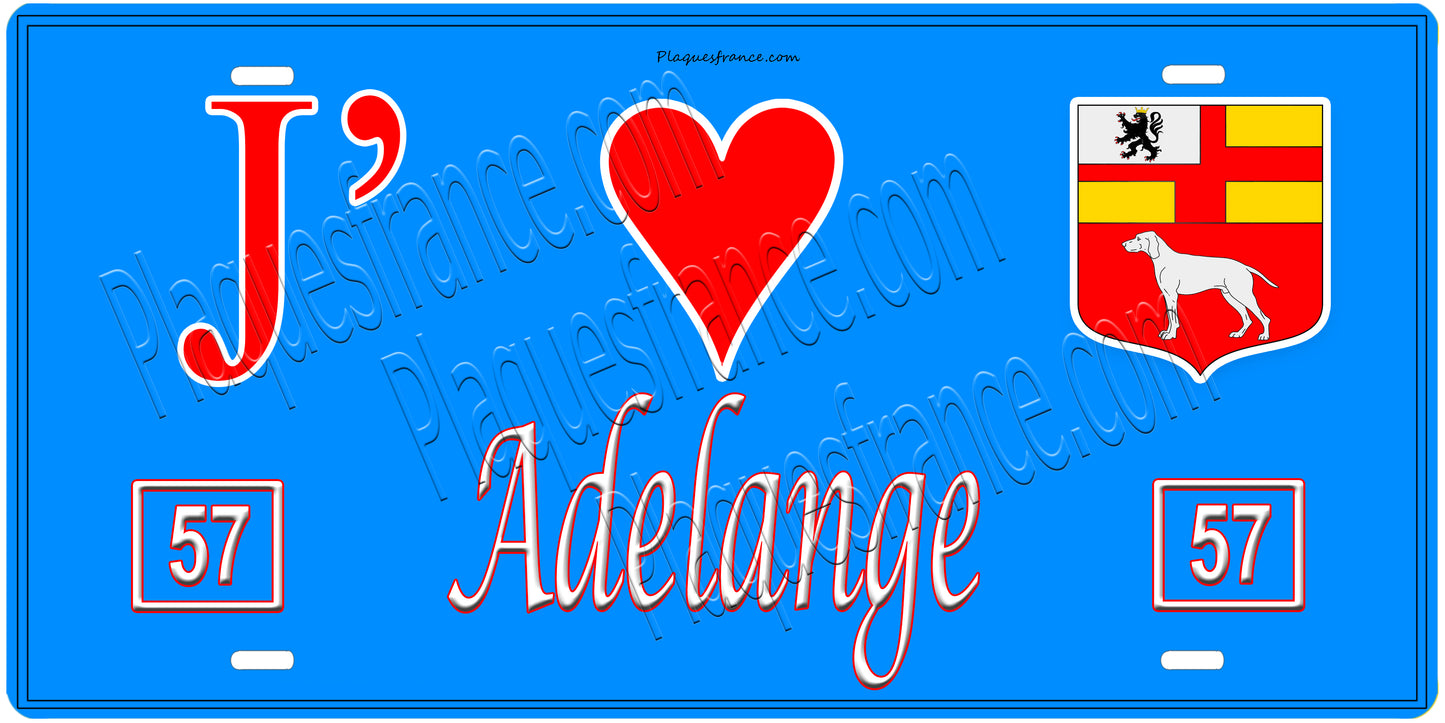 Plaque métal décorative, J'❤️ Adelange, Moselle, fond mur bleu 57