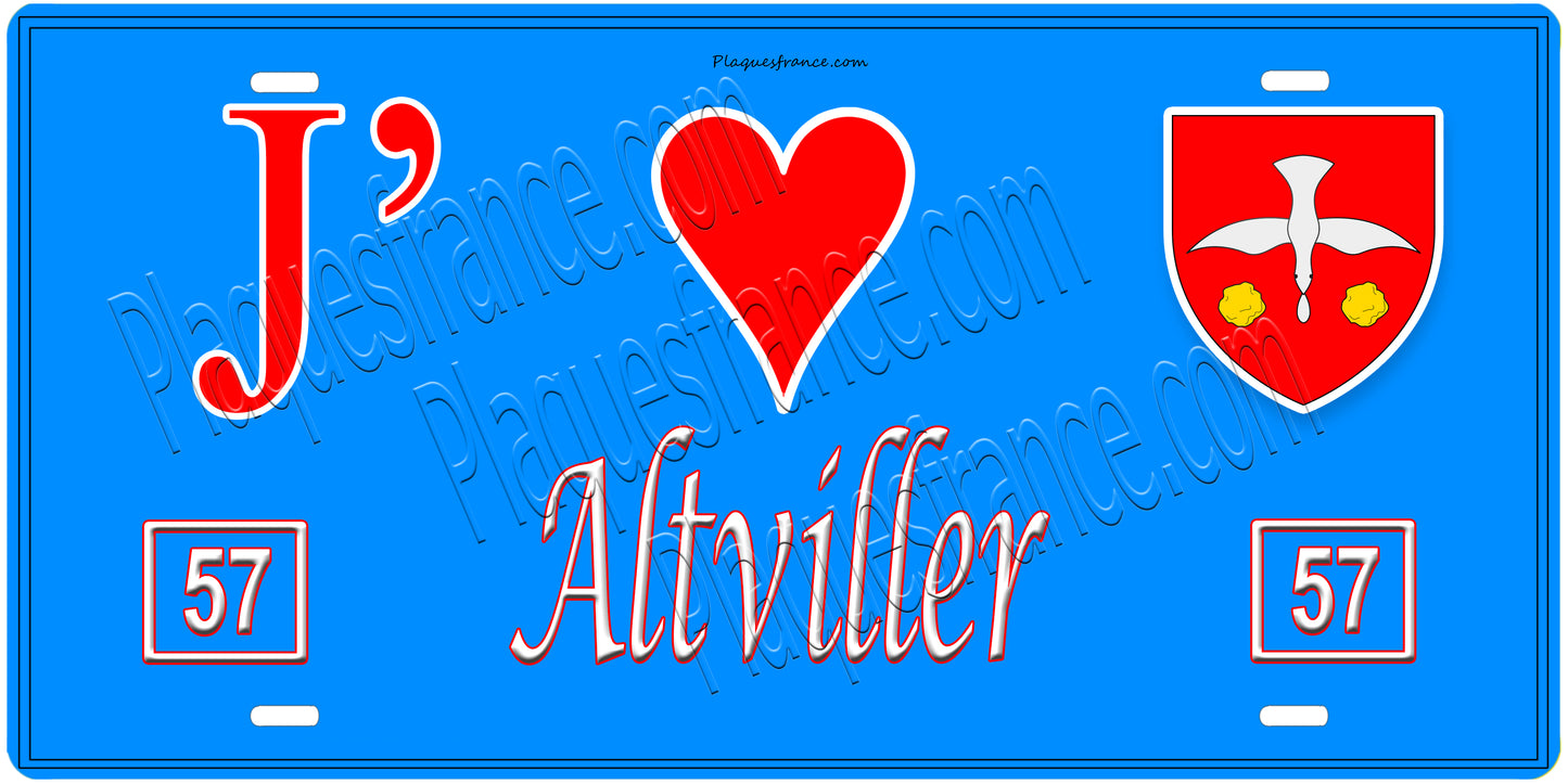 Plaque métal décorative, J'❤️Altviller, Moselle, fond mur bleu 57