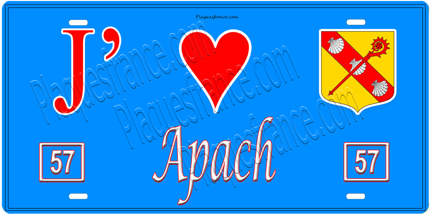 Plaque métal décorative, J'❤️ Apach, Moselle, fond mur bleu 57