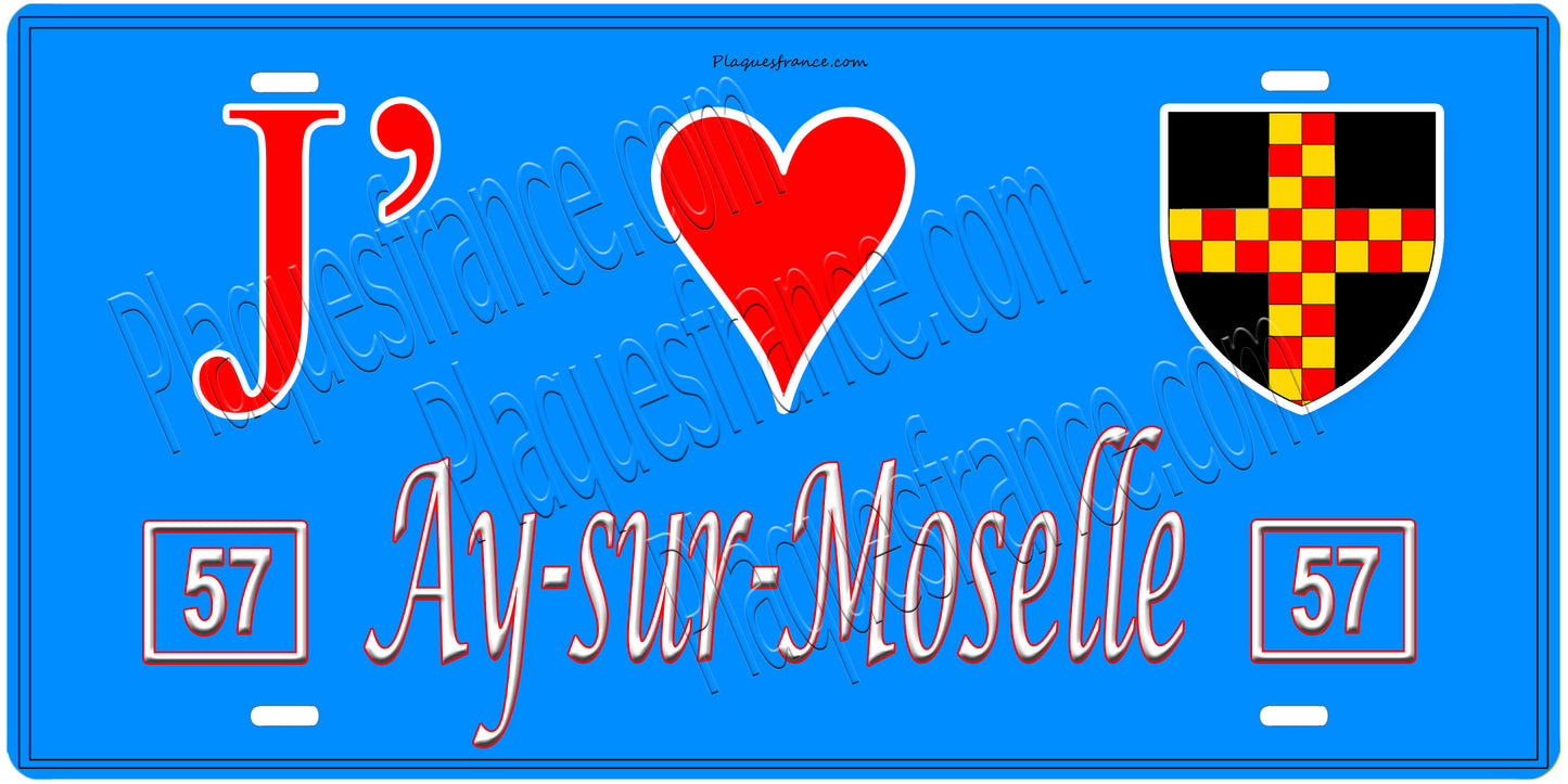 Plaque métal décorative, J'❤️Ay-sur-Moselle, Moselle, fond mur bleu 57