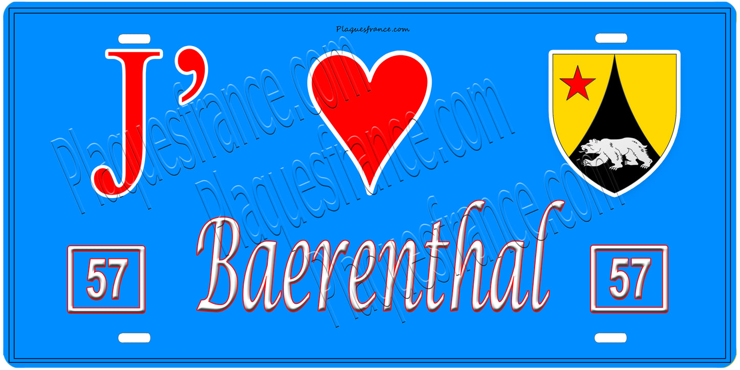 Plaque métal décorative, J' ❤️Baerenthal, Moselle, fond mur bleu 57